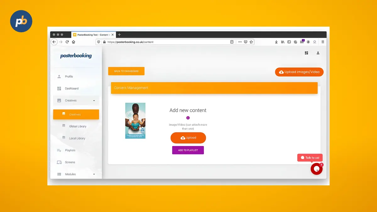 PosterBooking dashboard content manager with the upload images and videos button for unlimited storage