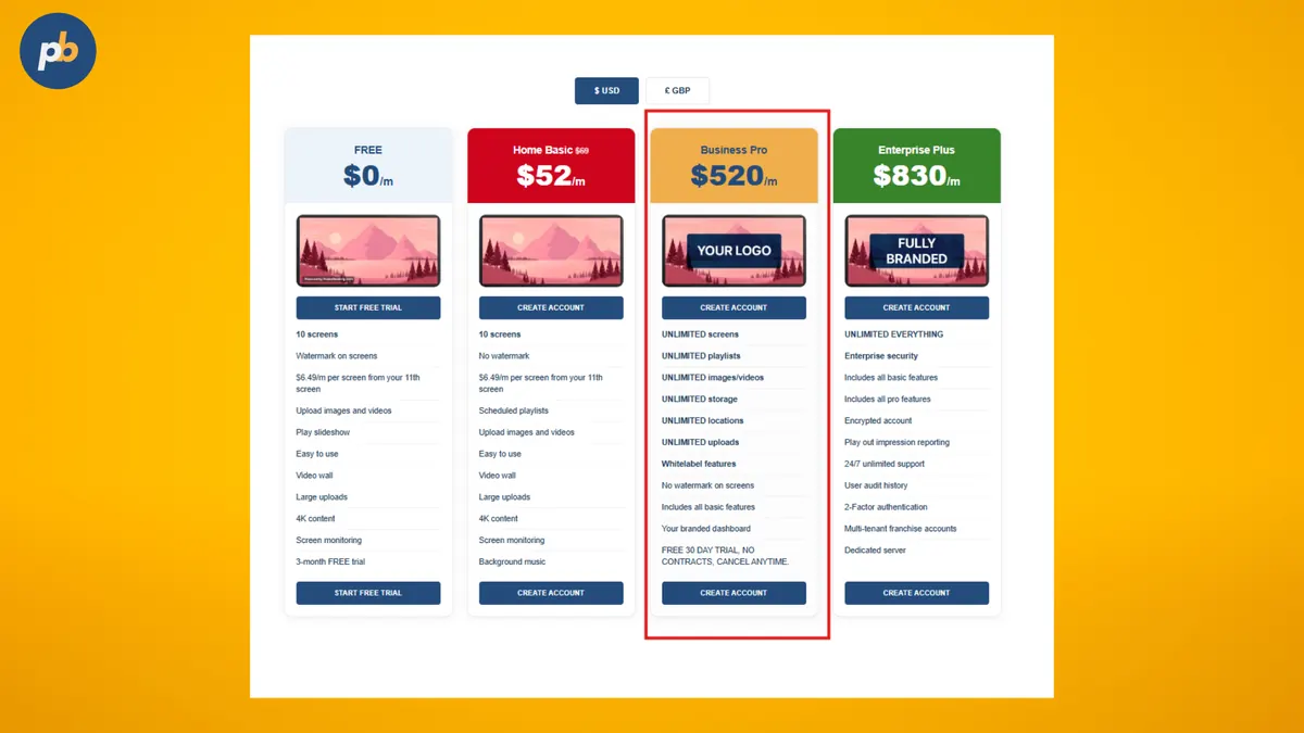 PosterBooking pricing page with the Business Pro plan at $520 per month highlighted