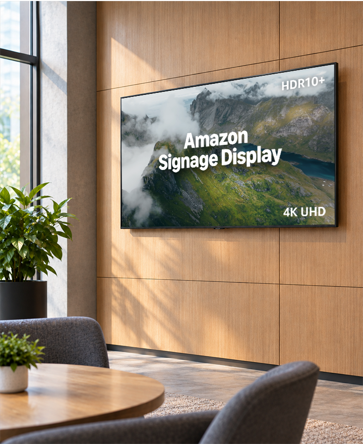 Amazon Signage Display in a sunlit conference room showing a 4K mountain landscape
