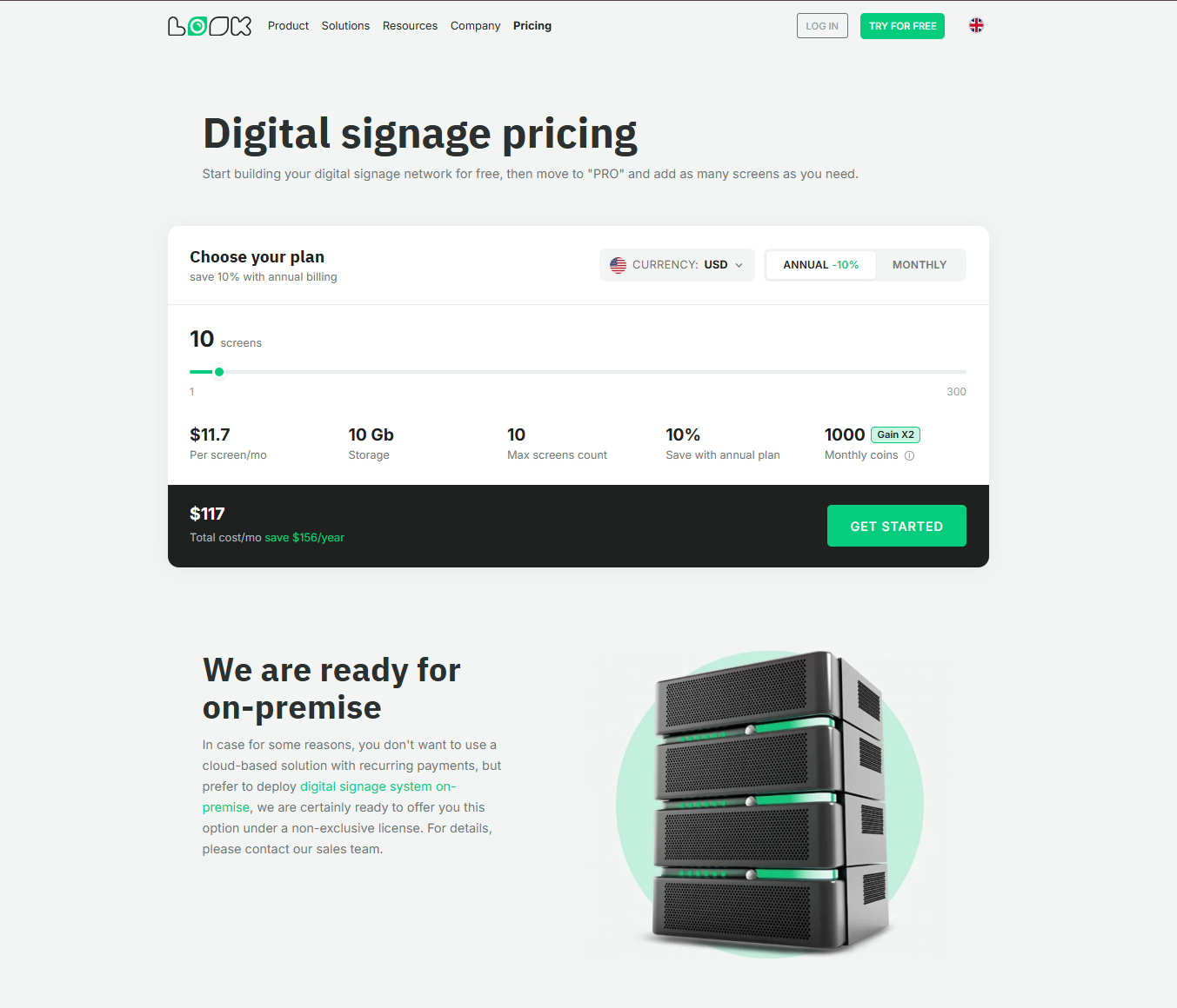 Look Digital Signage pricing calculator and on-premise option