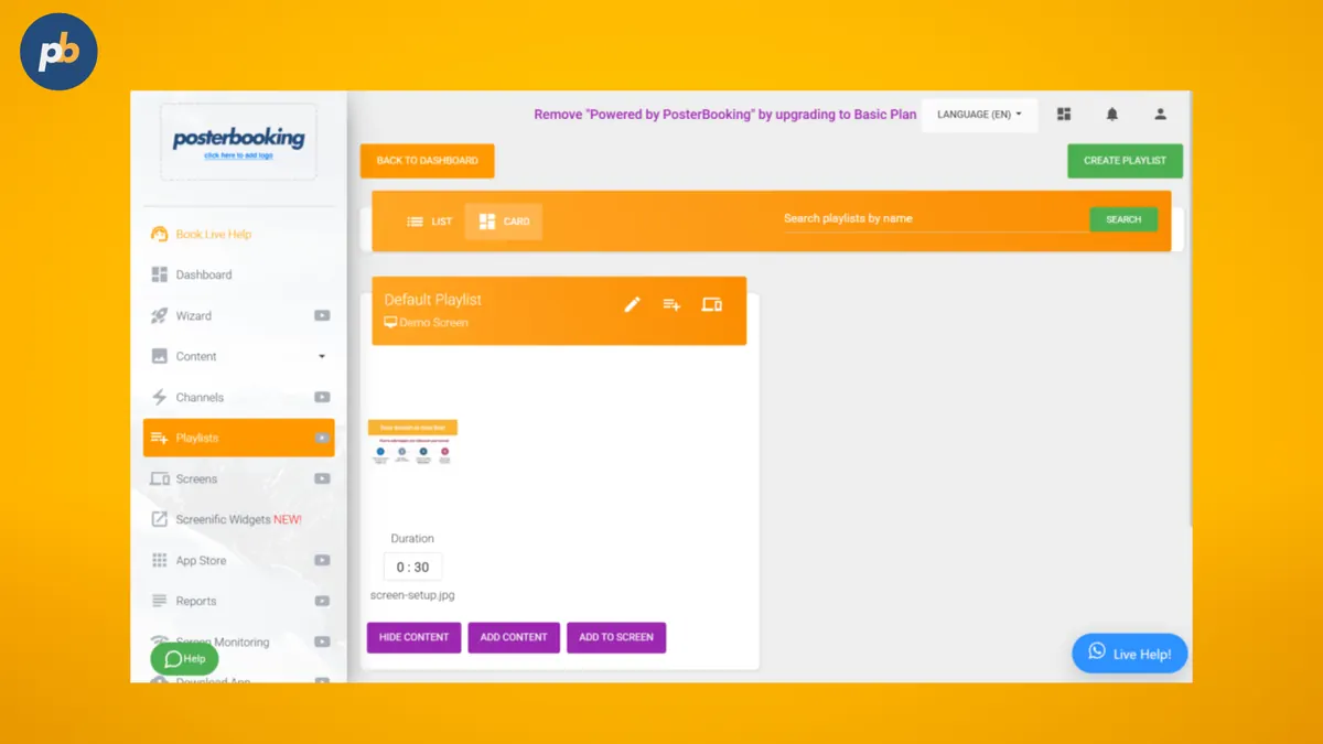 PosterBooking playlist editor showing a default playlist with add content and add to screen controls