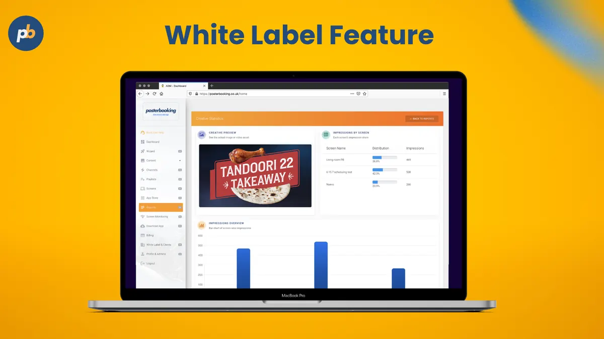 White label feature: a laptop showing a branded PosterBooking dashboard for a takeaway restaurant