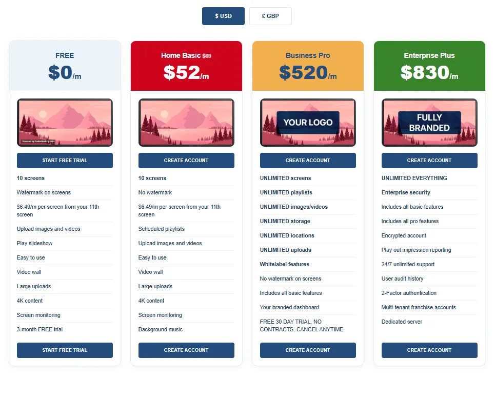 PosterBooking pricing plans: Free, Home Basic $52, Business Pro $520 and Enterprise Plus $830 per month