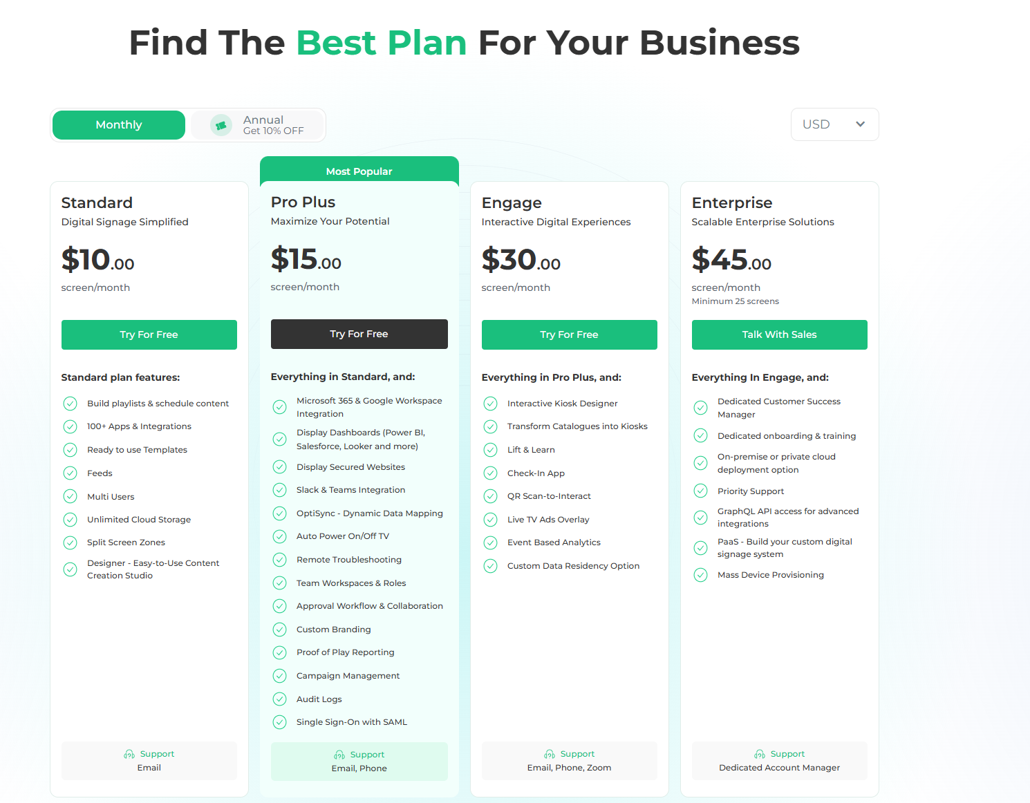 OptiSigns Standard, Pro Plus, Engage and Enterprise monthly pricing plans