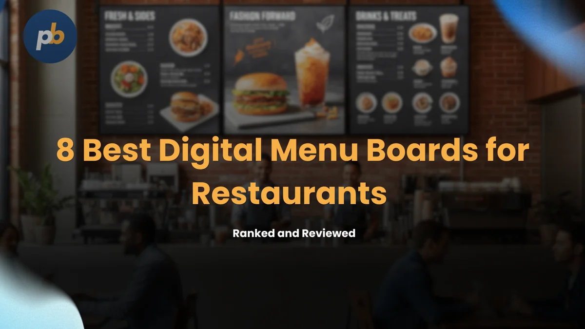Restaurant counter with three digital menu screens: 8 Best Digital Menu Boards for Restaurants, ranked and reviewed