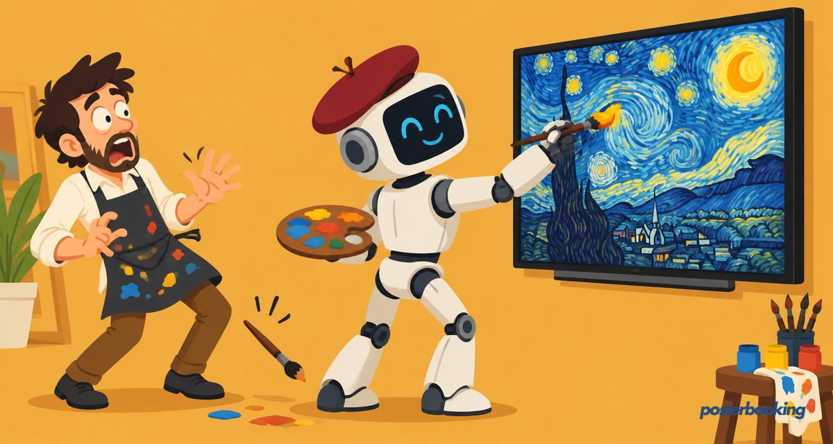 Funny amber cartoon illustration for the article 'Introducing AI Image Generation on PosterBooking' on PosterBooking