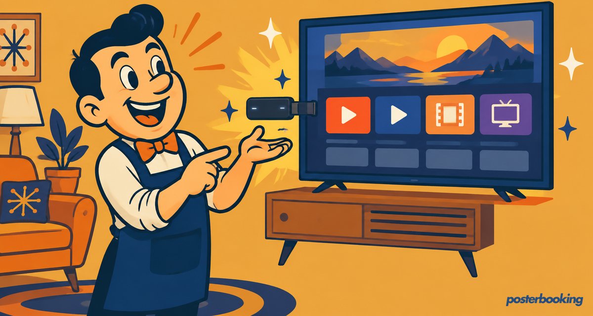 Funny amber cartoon illustration for the article 'Free Unlimited Digital Signage Screens' on PosterBooking.