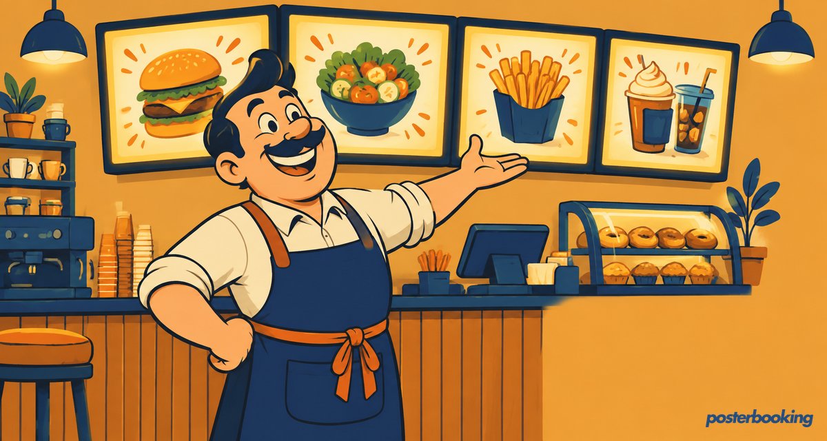 Funny amber cartoon illustration for the article 'The Best Digital Signage Solution for Your Business' on PosterBooking.