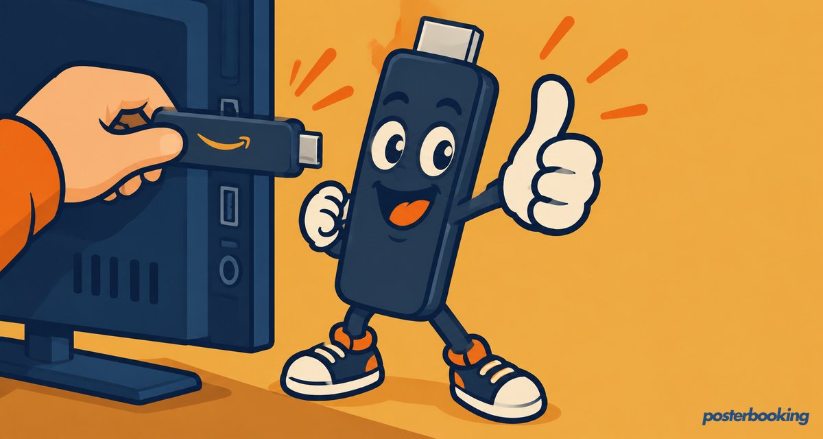 Funny amber cartoon illustration for the article 'How to set up digital signage screens on an Amazon Signage Stick' on PosterBooking.