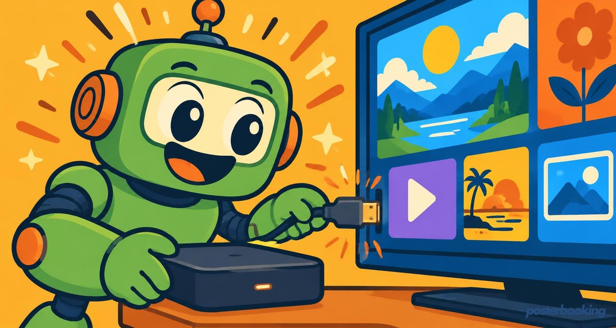 Funny amber cartoon illustration for the article 'Android Digital Signage' on PosterBooking