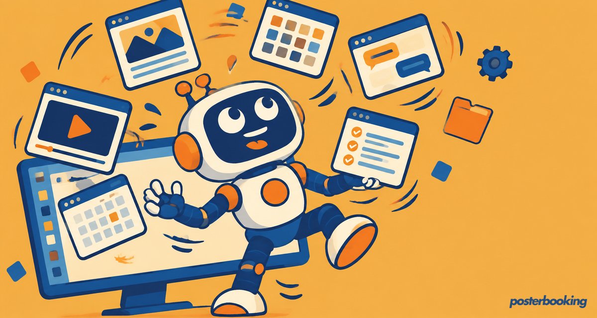 Funny amber cartoon illustration for the article 'How to allow display over other apps on Android?' on PosterBooking.