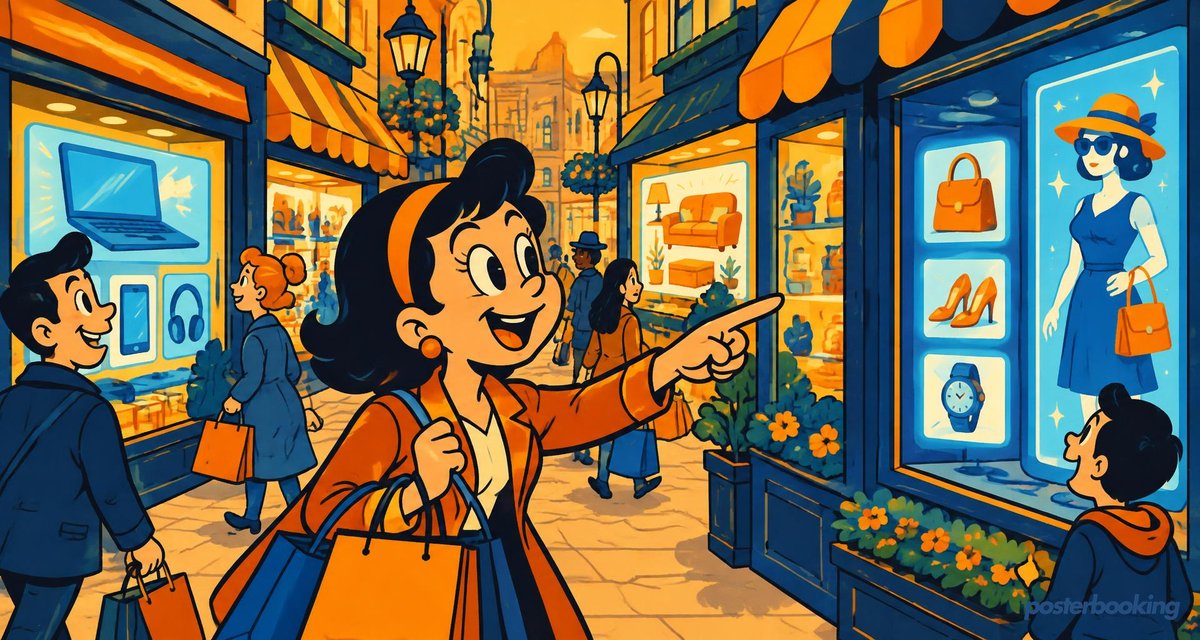 Funny amber cartoon illustration for the article 'How Top Brands Use Digital Signage' on PosterBooking