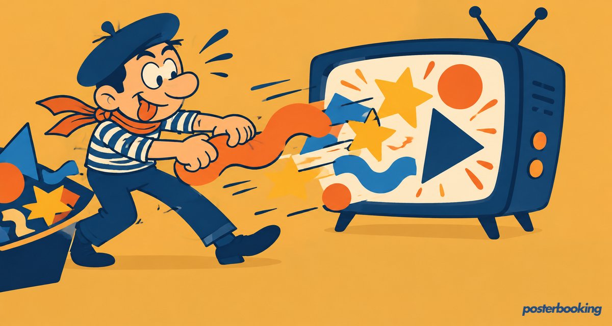 Funny amber cartoon illustration for the article 'Digital Signage with Canva' on PosterBooking.