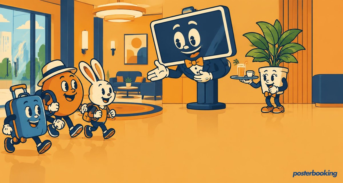 Funny amber cartoon illustration for the article 'How to Set up Digital Lobby Signage: Step-by-Step Guide' on PosterBooking