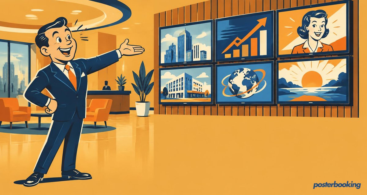 Funny amber cartoon illustration for the article 'Digital Signage for Business' on PosterBooking.