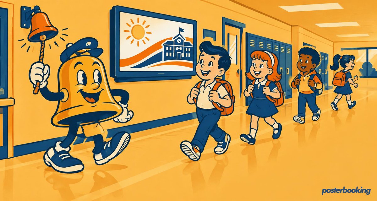 Funny amber cartoon illustration for the article 'Digital Signage Software for Schools' on PosterBooking.