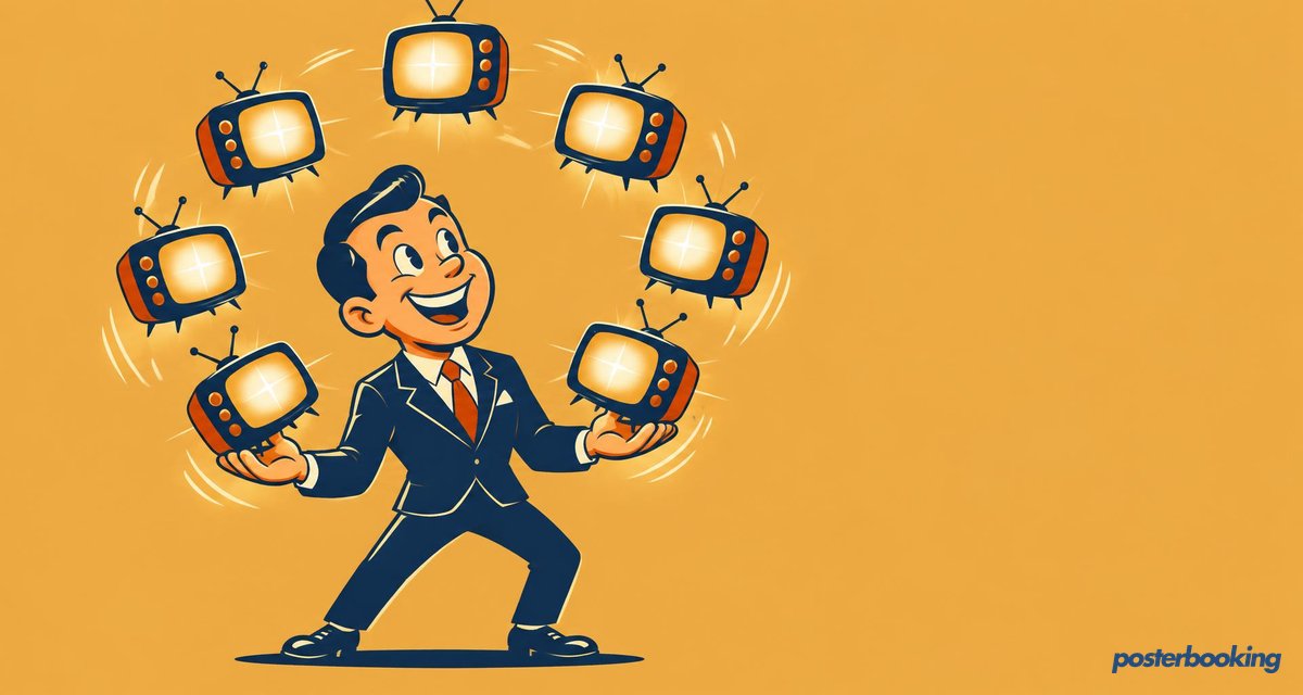 Funny amber cartoon illustration for the article '8 Benefits of digital signage software for franchises' on PosterBooking.