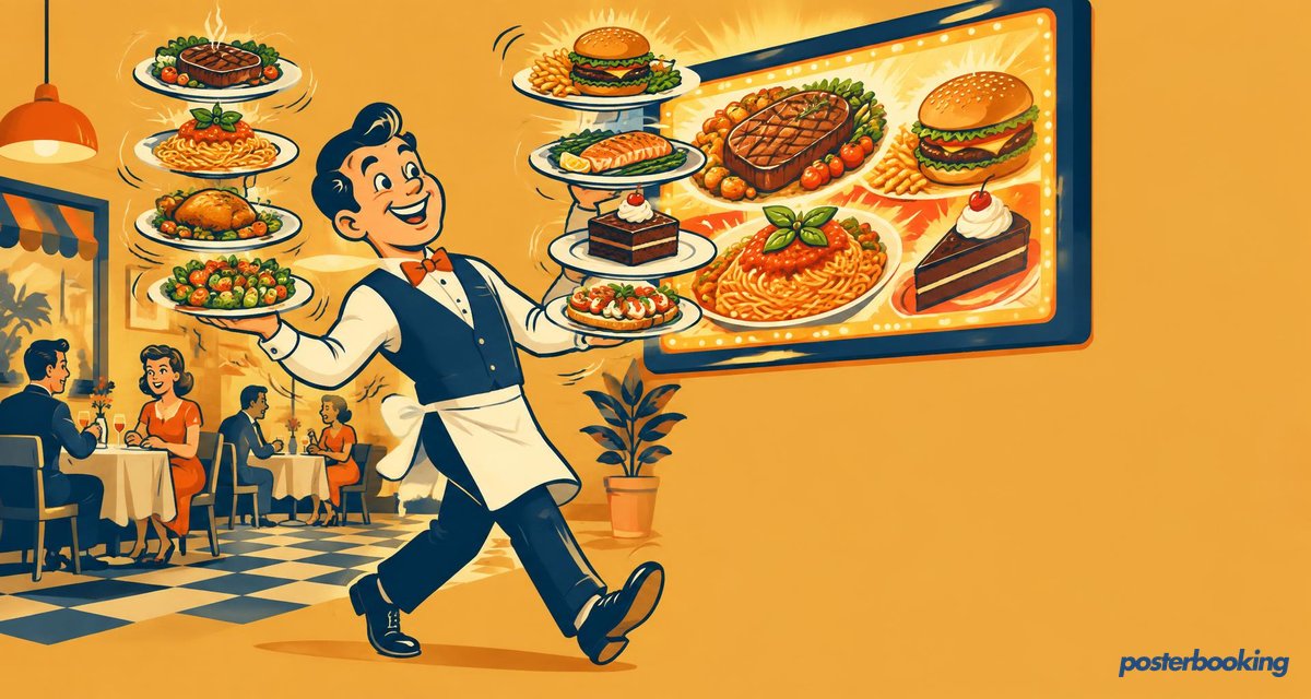 Funny amber cartoon illustration for the article '8 reasons to use digital signage in a restaurant' on PosterBooking.