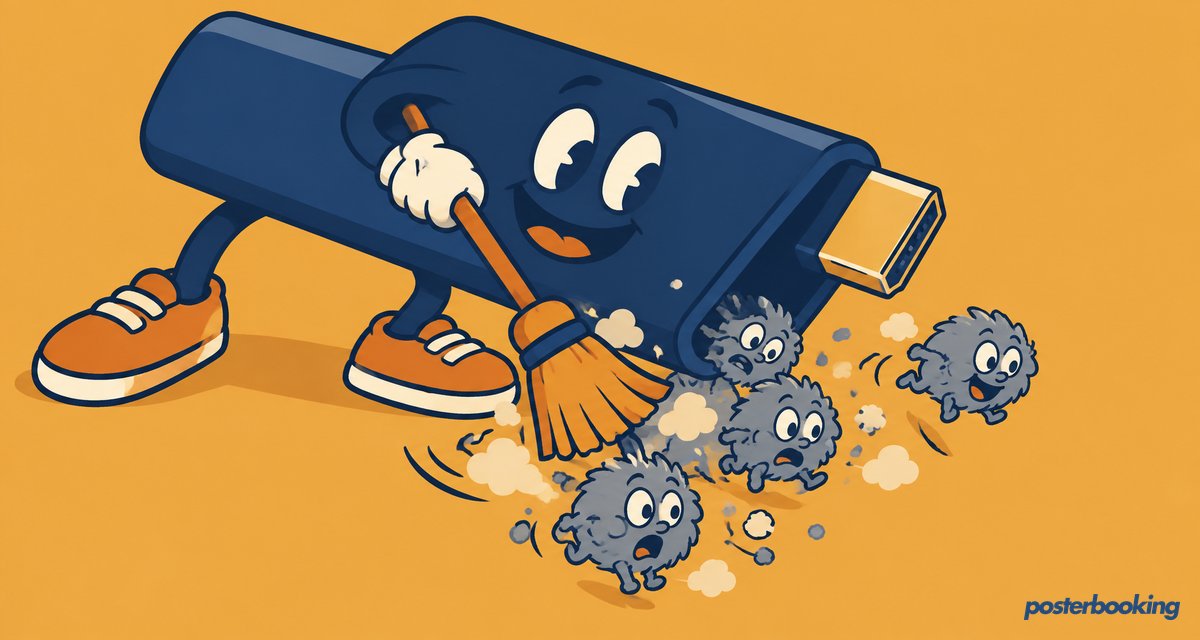 Funny amber cartoon illustration for the article 'How to clear the cache on your digital signage player' on PosterBooking.