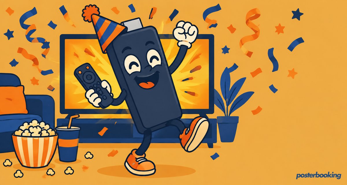 Funny amber cartoon illustration for the article 'FREE Amazon Firestick Digital Signage for 2026' on PosterBooking.