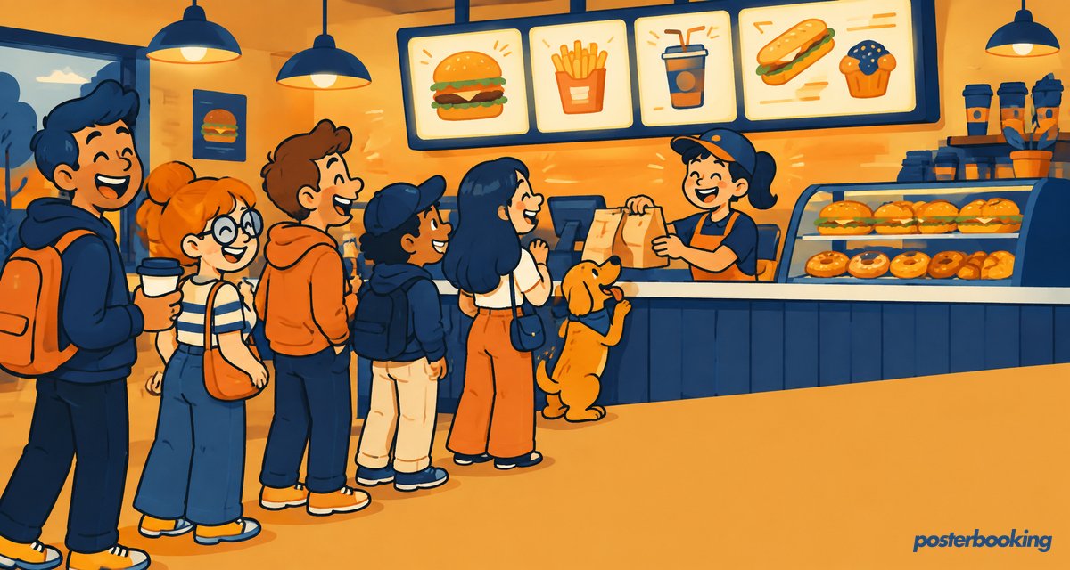 Funny amber cartoon illustration for the article 'Free digital menu screen software for takeaways, restaurants and franchises' on PosterBooking.