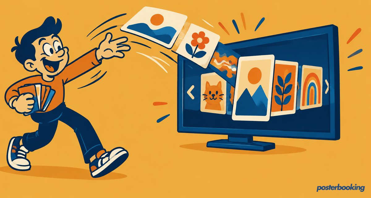 Funny amber cartoon illustration for the article 'How to display Canva designs as a slideshow on TV screens' on PosterBooking.