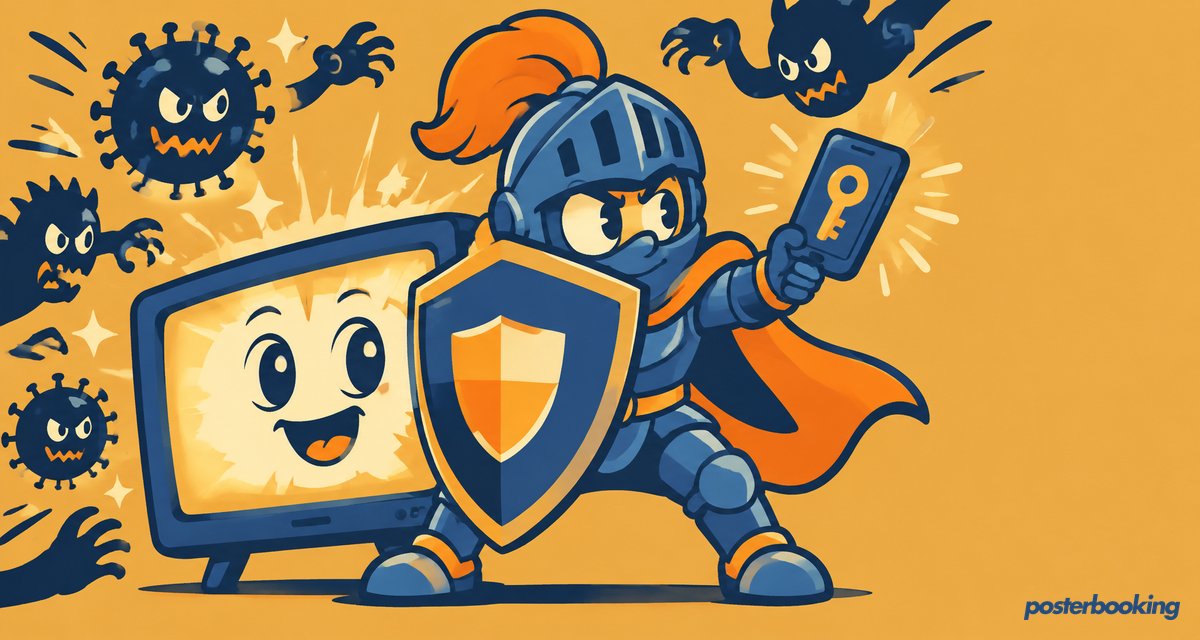 Funny amber cartoon illustration for the article 'How to enable two-factor authentication for your PosterBooking account' on PosterBooking.