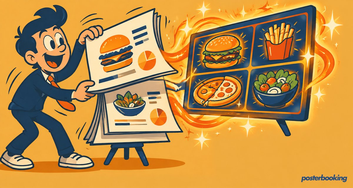 Funny amber cartoon illustration for the article 'How to make a TV menu slideshow using Google Slides' on PosterBooking.