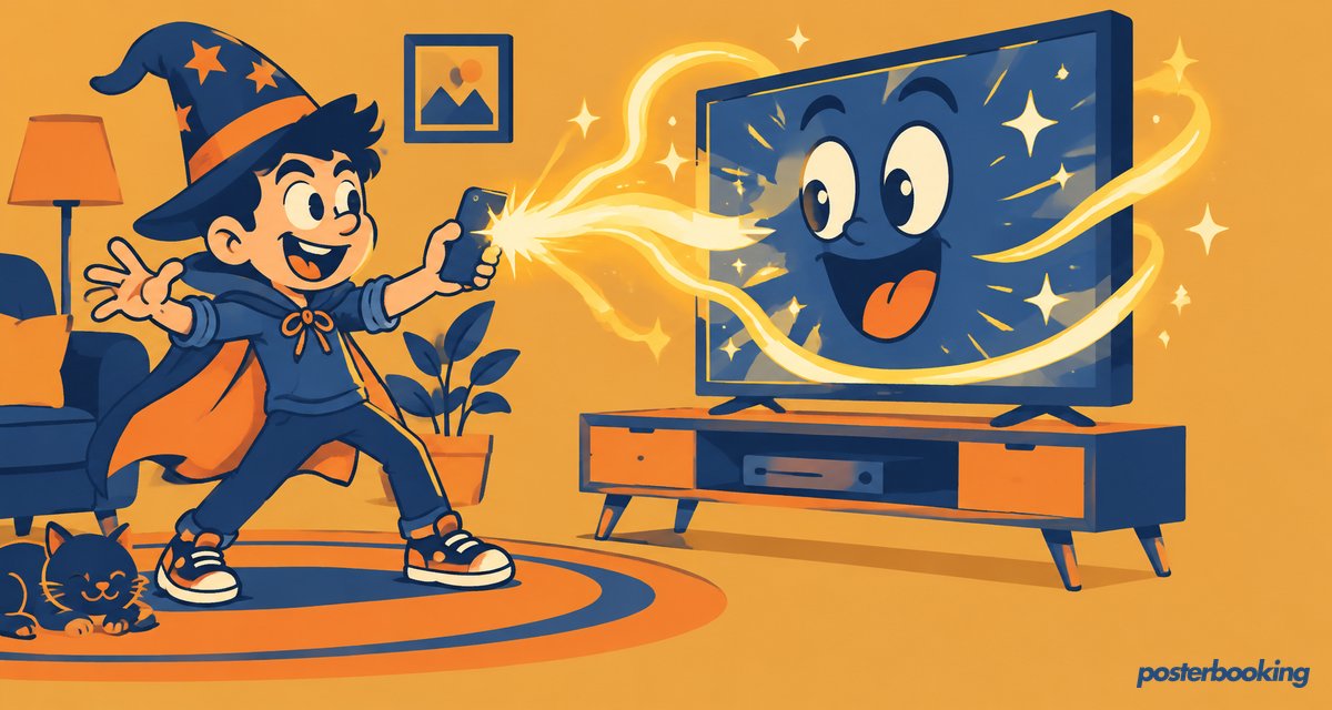 Funny amber cartoon illustration for the article 'How to use Google Chromecast for Digital Signage' on PosterBooking.