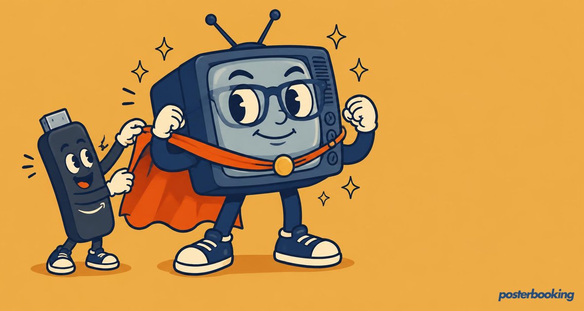 Funny amber cartoon illustration for the article 'How to Display Signage on a Basic TV in 2026' on PosterBooking