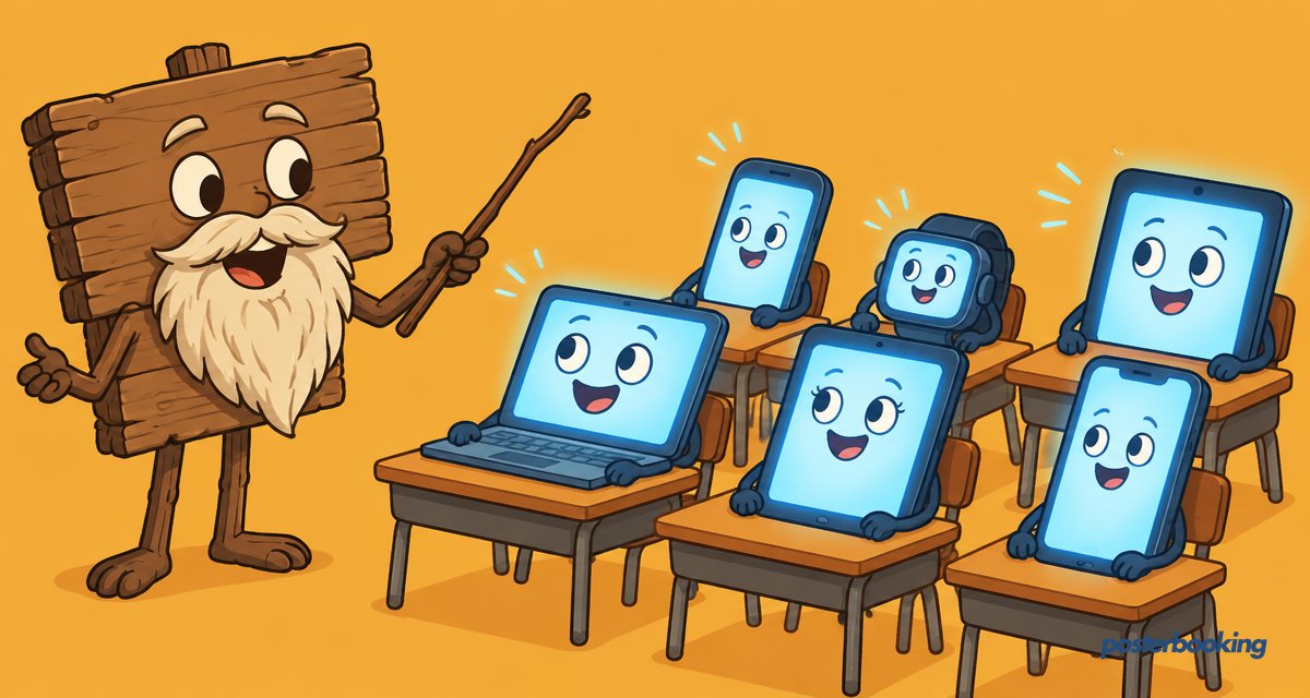 Funny amber cartoon illustration for the article 'Electronic Signage 101: A Complete Beginner’s Guide' on PosterBooking