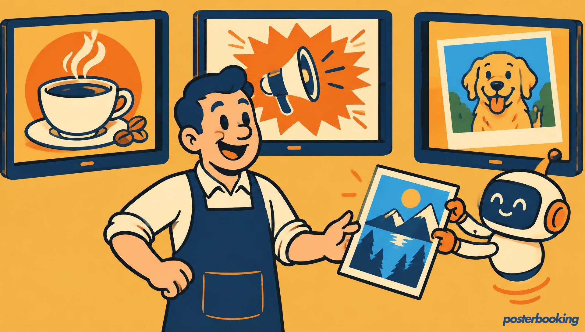 Funny amber cartoon illustration for the article 'The 7 Best Free Digital Signage Software Platforms in 2026' on PosterBooking