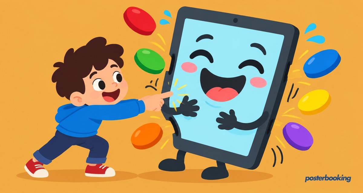 Funny amber cartoon illustration for the article 'Interactive Digital Signage: The 2026 Guide' on PosterBooking