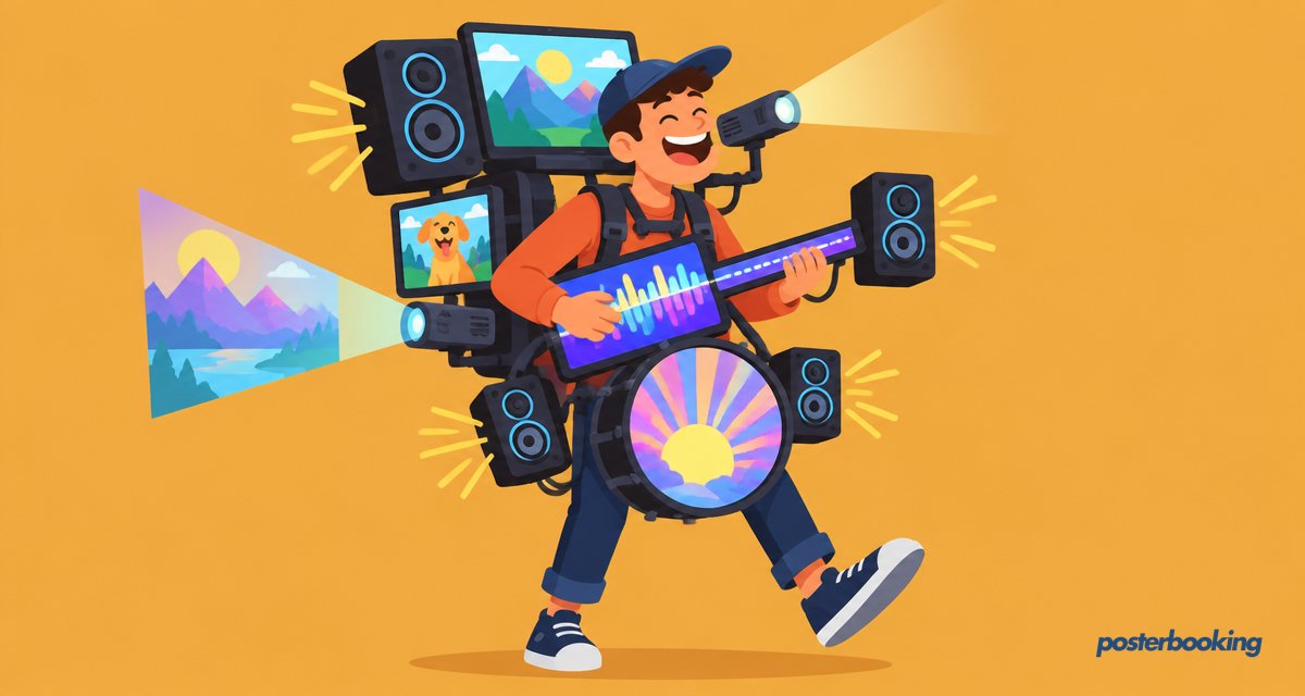 Funny amber cartoon illustration for the article 'Multimedia Display System: The Complete Guide for 2026' on PosterBooking