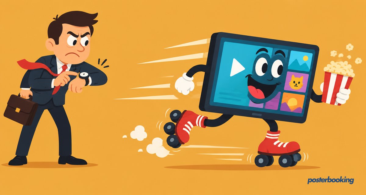 Funny amber cartoon illustration for the article 'The Best Now Digital Signage Alternative in 2026' on PosterBooking