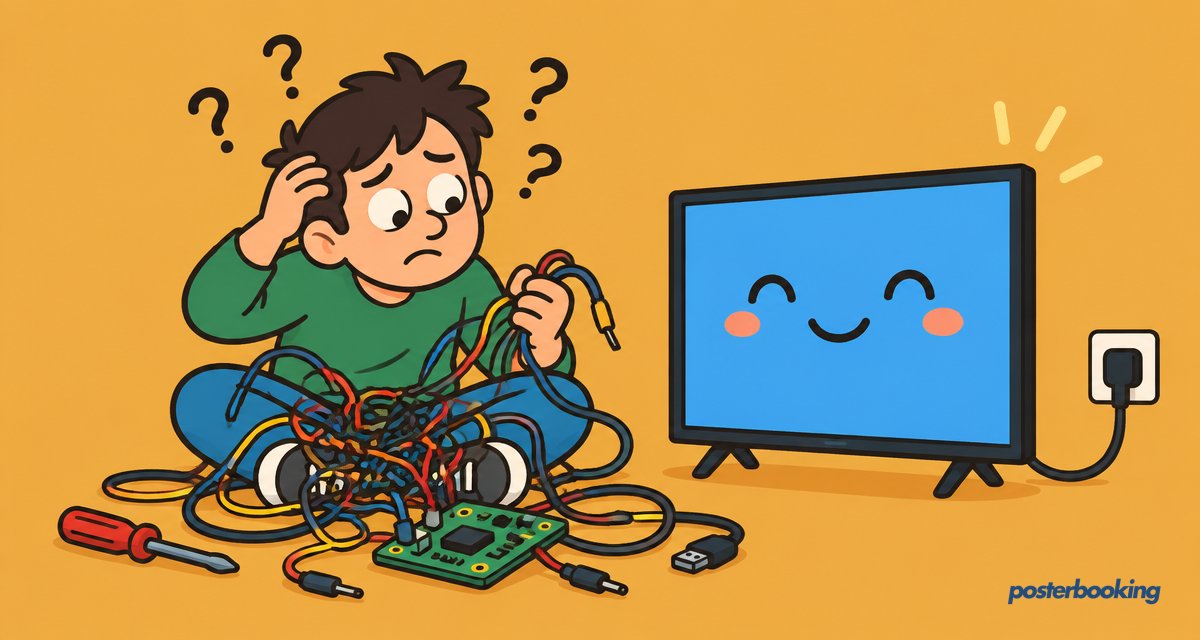 Funny amber cartoon illustration for the article 'The Best piSignage Alternative in 2025' on PosterBooking
