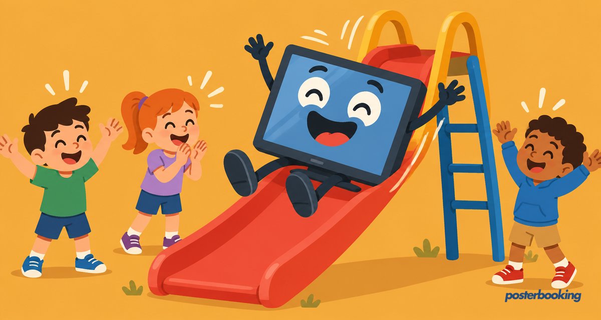 Funny amber cartoon illustration for the article 'The Best PlaySignage Alternative in 2025' on PosterBooking