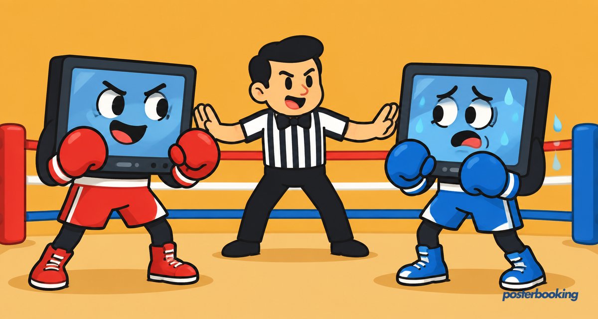 Funny amber cartoon illustration for the article 'PosterBooking Vs. Pickcel (2026 Comparison)' on PosterBooking