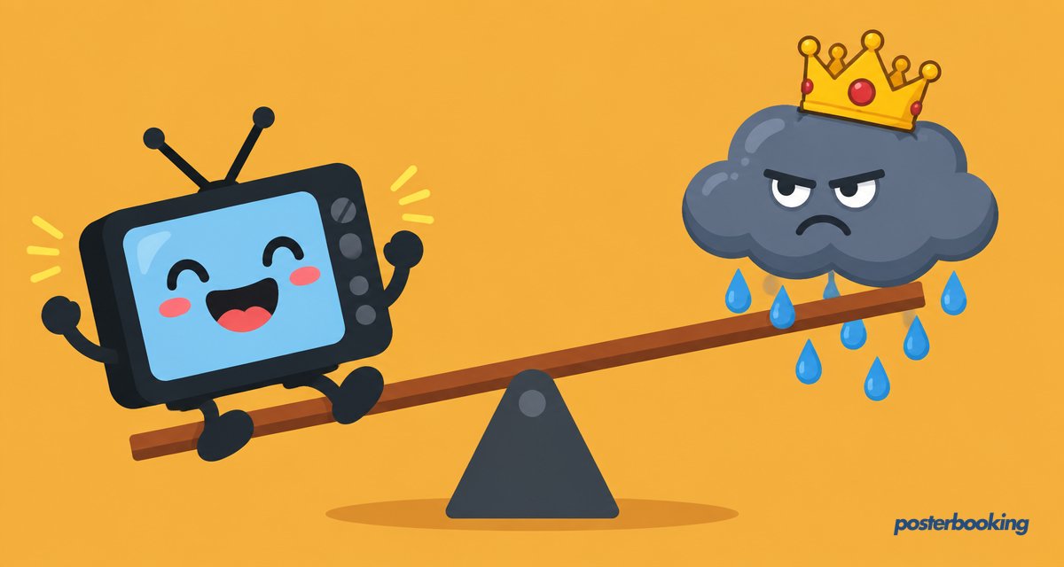 Funny amber cartoon illustration for the article 'PosterBooking Vs. ScreenCloud (2026 Comparison)' on PosterBooking