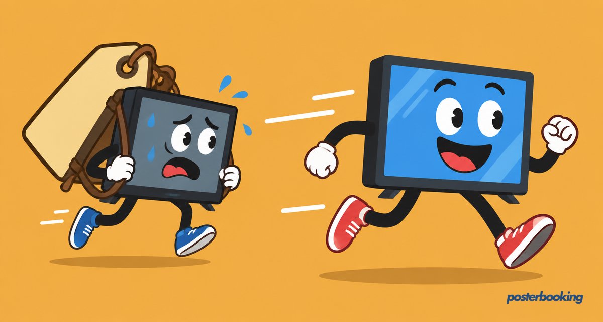 Funny amber cartoon illustration for the article 'PosterBooking vs Yodeck (2026 Comparison)' on PosterBooking