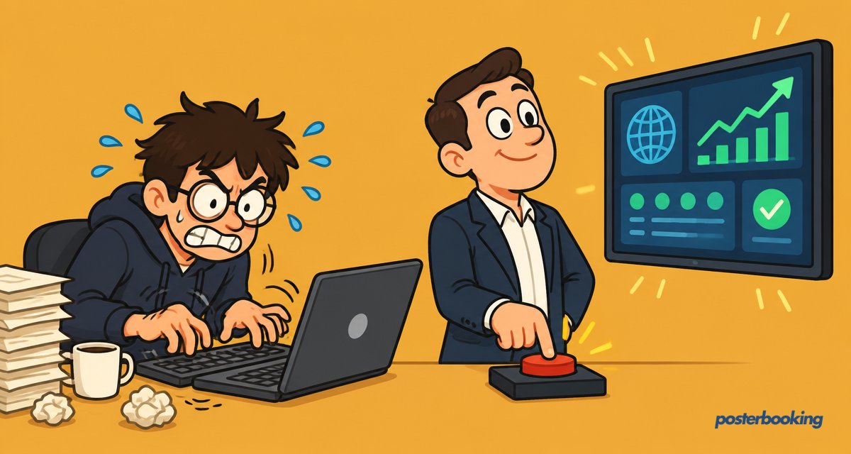 Funny amber cartoon illustration for the article 'The Best Screenly Alternative in 2025' on PosterBooking