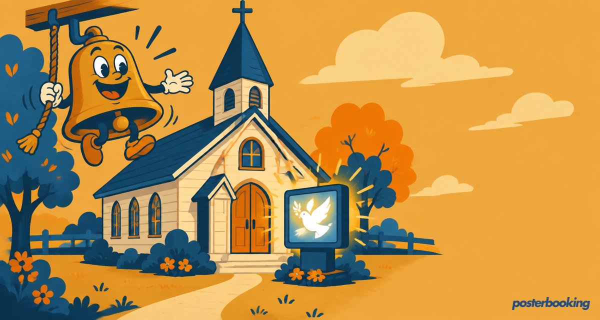 Funny amber cartoon illustration for the article 'Case Study: How a Small Church Keeps Its Lobby Screen Updated from Anywhere with PosterBooking' on PosterBooking.