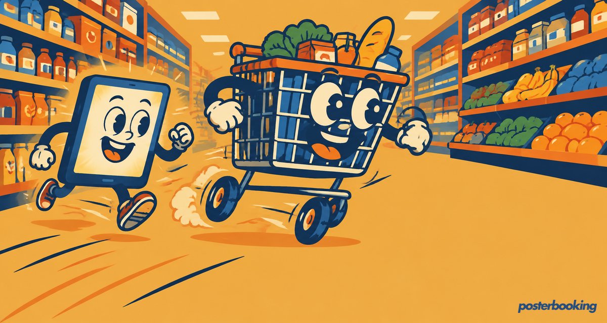 Funny amber cartoon illustration for the article 'Case Study: How A Storefront Became a Marketing Machine with PosterBooking' on PosterBooking.