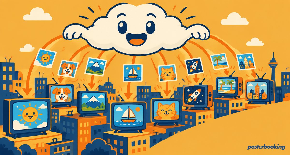 Funny amber cartoon illustration for the article 'Cloud Digital Signage Platform & CMS | PosterBooking' on PosterBooking.