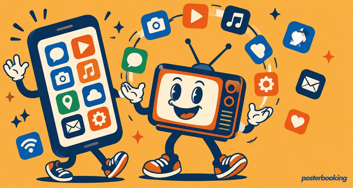 Funny amber cartoon illustration for the article 'Best Digital Signage Apps: Compare & Choose (2026)' on PosterBooking.