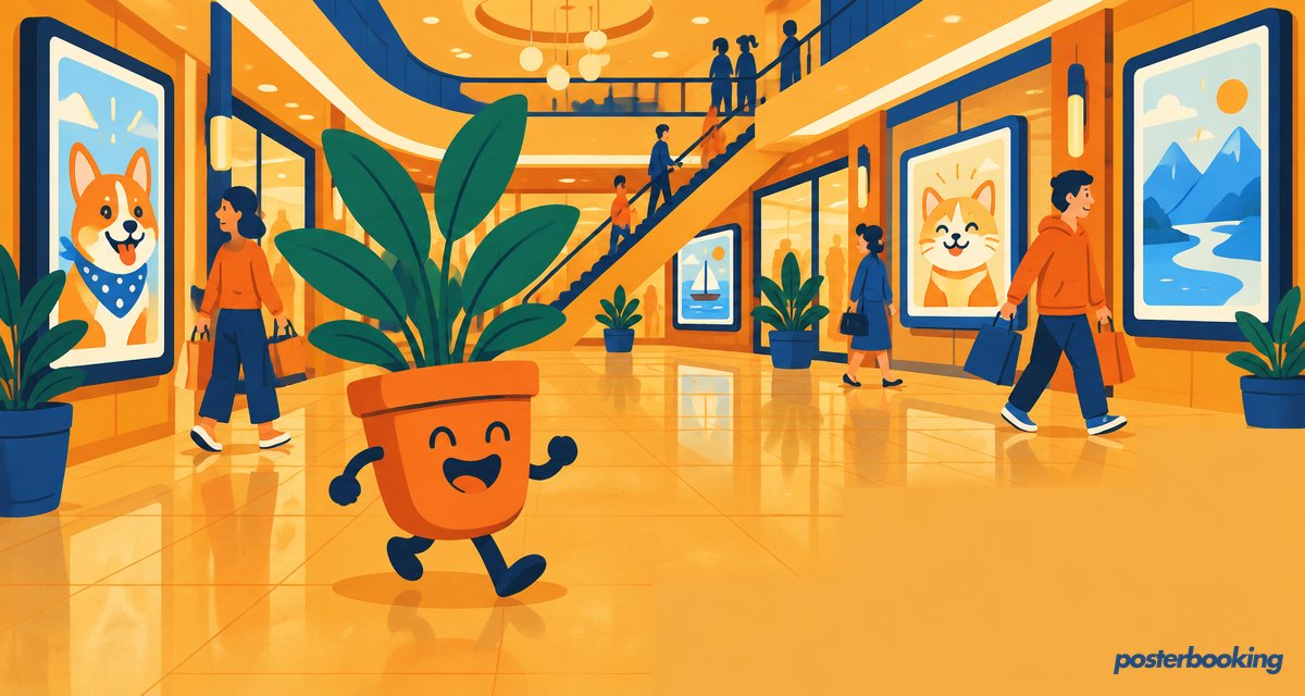 Funny amber cartoon illustration for the article 'Best Indoor Digital Signage in 2026' on PosterBooking.