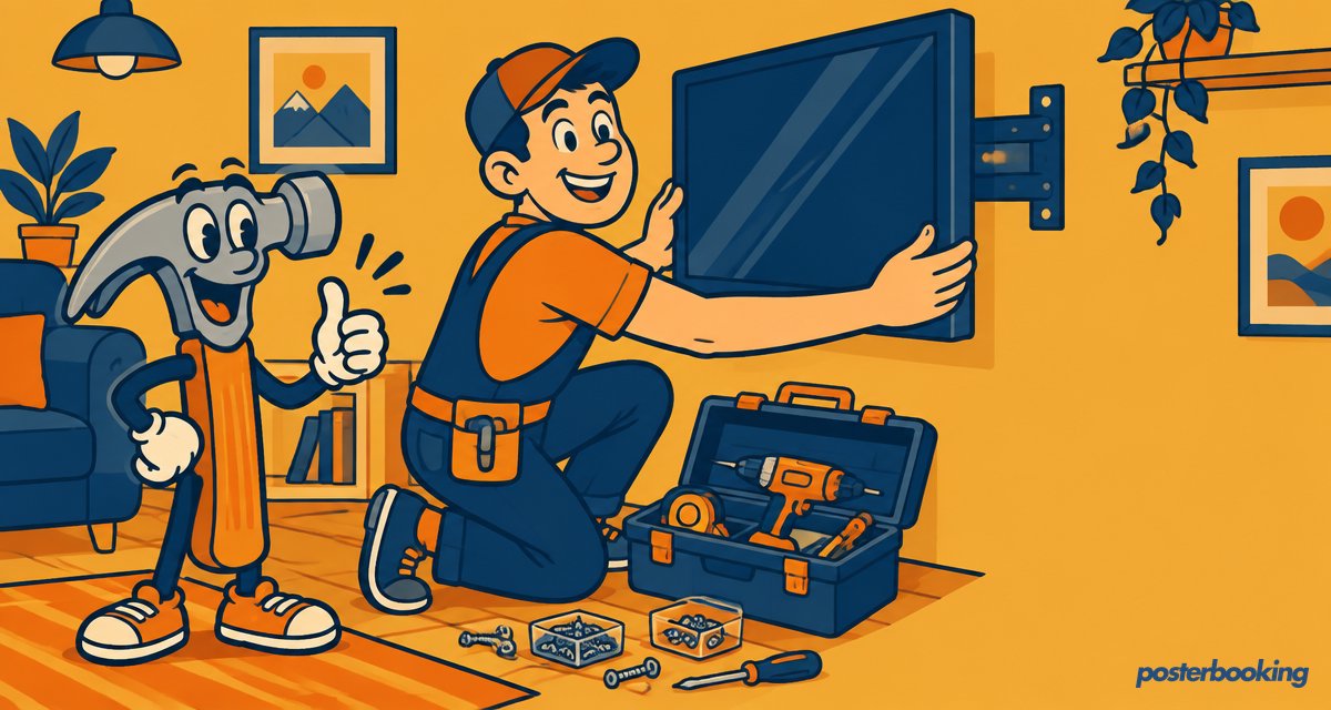 Funny amber cartoon illustration for the article 'DIY Digital Signage with PosterBooking: Step-by-Step' on PosterBooking.