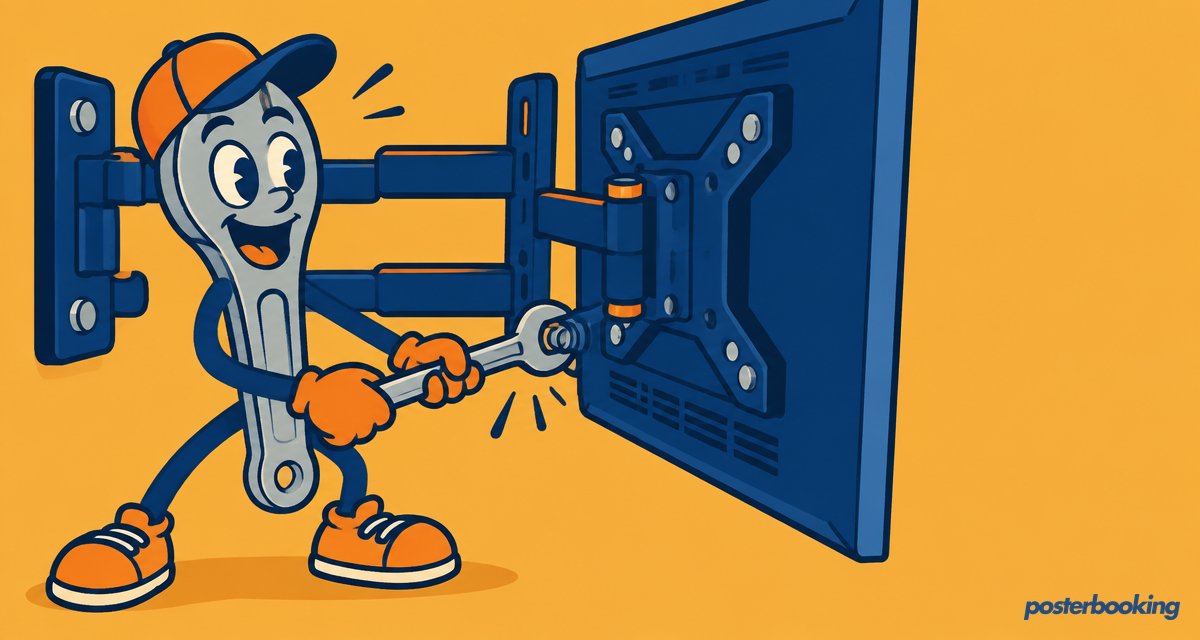 Funny amber cartoon illustration for the article 'Digital Signage Mounting: Types, Safety & Best Picks' on PosterBooking.