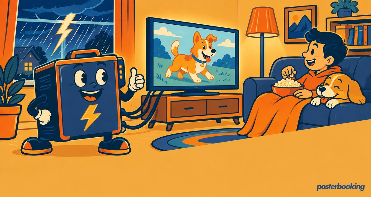 Funny amber cartoon illustration for the article 'Top 10 UPS Systems for Digital Signage' on PosterBooking.