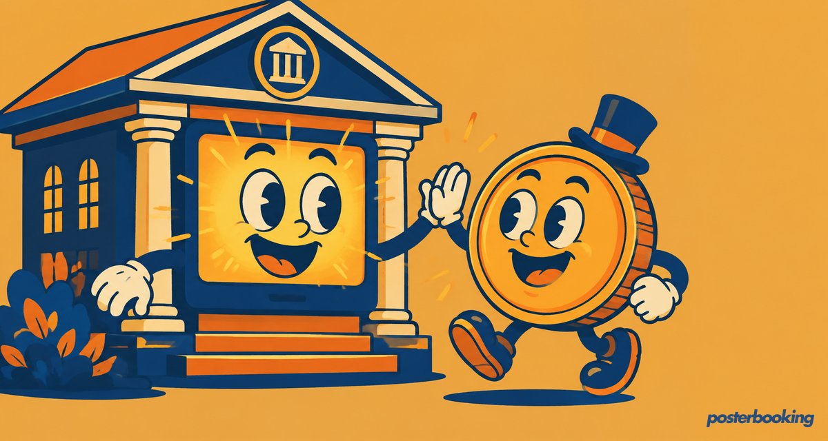 Funny amber cartoon illustration for the article 'Digital Signage for Banking: Strategy, Cases & Buying' on PosterBooking.